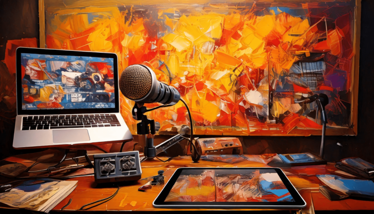 KI Bild im Aquarell Stil eines Schreibtisch mit Tablet, Mikrofon und Laptop