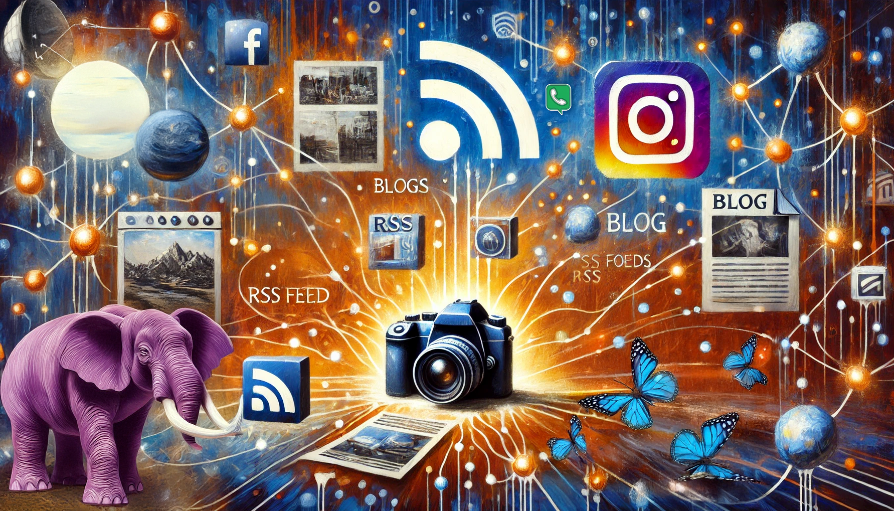 Künstlerische Darstellung digitaler Vernetzung mit einer Kamera im Zentrum, umgeben von Symbolen für Blogs, Instagram, RSS-Feeds und Facebook, sowie einem lila Elefanten und fliegenden blauen Schmetterlingen vor einem kosmischen Hintergrund.