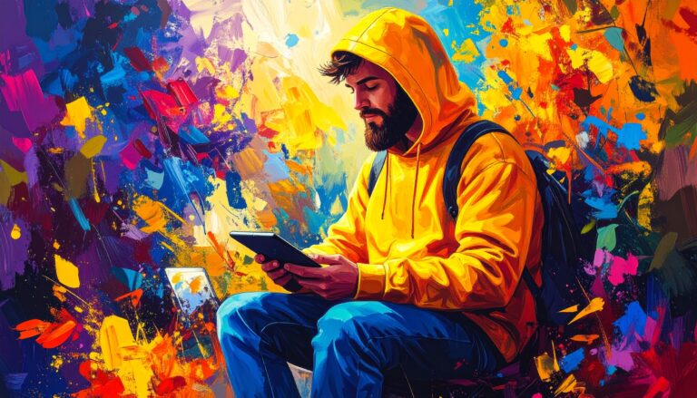 KI generiertes Bild das Ruhe und Chaos zeigen soll. Der Hintergrund ist wild und bunt. Eine männliche Person sitzt im Vordergrund mit gelben Hoodie und Blue Jeans und hat ein Tablet in der Hand